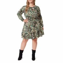 Wholesale 🧨 Jessica Simpson Plus Size Davina Cheetah Print Tie Neck Long Sleeve Flounce Hem 👗 Dress Cheetah Ferns- Powder Puff ✔️