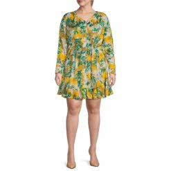 Wholesale 🔔 Jessica Simpson Plus Size Shiloh V-Neck Long Sleeve Tie Waist Button Front 👗 Dress Bloom Field-golden 🎁