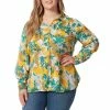 Promo 🥰 Jessica Simpson Plus Size Holland Floral Print Long Sleeve High-Low Button Front Top Bloom Field- Golden 🧨