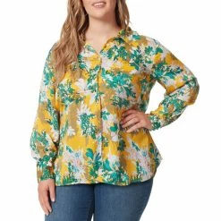Promo 🥰 Jessica Simpson Plus Size Holland Floral Print Long Sleeve High-Low Button Front Top Bloom Field- Golden 🧨