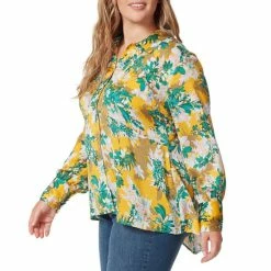 Promo 🥰 Jessica Simpson Plus Size Holland Floral Print Long Sleeve High-Low Button Front Top Bloom Field- Golden 🧨 -Jessica Simpson shop unnamed file 1090
