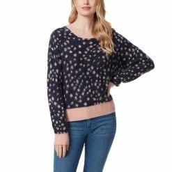 Outlet 🎉 Jessica Simpson Kenna Crew Neck Long Sleeve Printed Pullover Sweater Soft Animal - Rose Cloud ❤️
