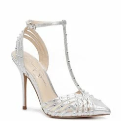 Budget 😀 Jessica Simpson Wisata2 Metallic Studded T-Strap 👗 Dress Pumps Silver 🎁