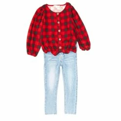 Deals ✨ Jessica Simpson Little 👧 Girls 2T-4T Long-Sleeve Buffalo Top & Stretch Denim Jean 2-Piece Set Scarlet Sage 🔥