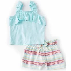 Cheap 🥰 Jessica Simpson Little 👧 Girls 2T-6X Sleeveless Ruffle Eyelet Tank & Paperbag Stripe Short 2-Piece Set Plume 😀