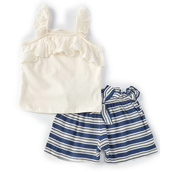 Cheap 🥰 Jessica Simpson Little 👧 Girls 2T-6X Sleeveless Ruffle Eyelet Tank & Paperbag Stripe Short 2-Piece Set Plume 😀 4 Cheap 🥰 Jessica Simpson Little 👧 Girls 2T-6X Sleeveless Ruffle Eyelet Tank & Paperbag Stripe Short 2-Piece Set Plume 😀 - Image 2