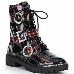 Cheap 😀 Jessica Simpson Kirlah Rhinestone Buckle Detail Plaid Chunky Lug Sole Combat 🥾 Boots Blue Plaid 🔥