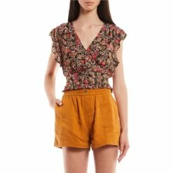 Best Sale 🤩 Jessica Simpson Flutter Sleeve Floral Tie Back Top Garden Escape/black 😀