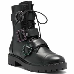 Flash Sale 😉 Jessica Simpson Kirlah Rhinestone Buckle Detail Leather Chunky Lug Sole Combat 🥾 Boots Black 🔔