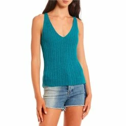 Best deal ⭐ Jessica Simpson Edith V-Neck Sweater Knit Tank Top Blue Grass 🎉