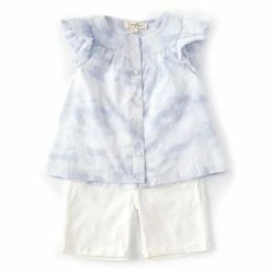 Coupon 🔔 Jessica Simpson Toddler 👧 Girls 2T-4T Flutter Sleeve Tie-Dye Clip Dot Top & Bermuda Short 2-Piece Set Blue Cloud 😍