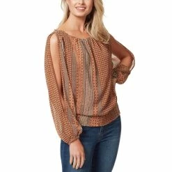Flash Sale 🎁 Jessica Simpson Caroline Mixed Stripe Slit Long Sleeve Top Dew Stripe Clay 🤩