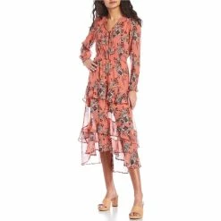 Wholesale ❤️ Jessica Simpson Harmony Long Sleeve Floral Smocked Ruffle Maxi 👗 Dress Wild Paisley 😀