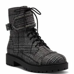 Deals ⭐ Jessica Simpson Karia Plaid Print Rhinestone Trim Combat 🥾 Boots Black/white Plaid ⭐