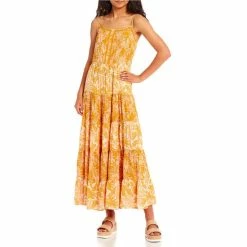 Deals 🧨 Jessica Simpson Alanis Palm Bliss Tiered Maxi 👗 Dress Palm Bliss/sunflower ✔️