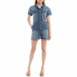 Best Sale 🔔 Jessica Simpson Christin Button Front Rolled Cuff Collared Denim Romper Casper Wash ❤️