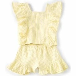 New 👍 Jessica Simpson Big 👧 Girls 7-16 Pinafore Flutter-Sleeve Gingham-Printed Seersucker Top & Matching Ruffle Shorts 2-Piece Set Yellow Gingham ⌛