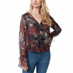 Flash Sale 🥰 Jessica Simpson Aurora V-Neck Cuff Tie Long Sleeve Floral Pullover Top Drafted Florets 👏