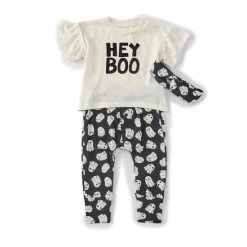 Deals 💯 Jessica Simpson Baby 👧 Girls Newborn-24 Months Flutter-Sleeve 💀 Halloween #double;Hey Boo#double; Tee & Ghost-Printed Leggings Set Cream ✔️