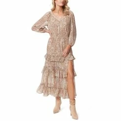Coupon 👍 Jessica Simpson Kelley Snake Printed V-Neck 3/4 Sleeve Ruffle Tiered Maxi 👗 Dress Shadow Snake 👍