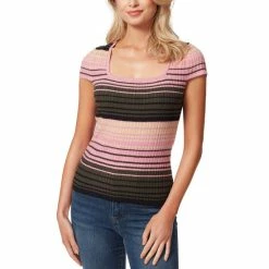 Best Pirce 😀 Jessica Simpson Fiona Short Sleeve Square Neck Striped Top Rosebud Stripe ❤️
