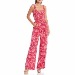 Buy 🛒 Jessica Simpson Hailey Floral Printed Challis Smocked Jumpsuit 🌞 Summer Bloom Cabaret 🌟