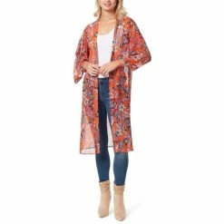 Best Sale ❤️ Jessica Simpson Tina 3/4 Sleeve Printed Open Front Kimono Vibrant Bouquet ⭐