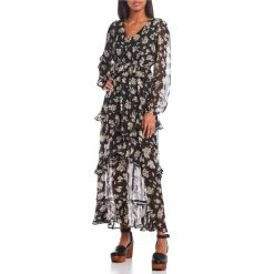 Buy ✨ Jessica Simpson Bianca Long Sleeve Waist Cutout Floral Print Maxi 👗 Dress Autumn Memories 🛒