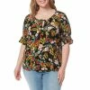 Hot Sale 😉 Jessica Simpson Plus Size Viva Floral Print Tie Round Keyhole Neck Smocked Short Sleeve Peasant Top Island Wildflower ⭐