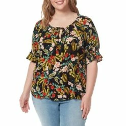 Hot Sale 😉 Jessica Simpson Plus Size Viva Floral Print Tie Round Keyhole Neck Smocked Short Sleeve Peasant Top Island Wildflower ⭐