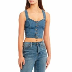 Top 10 🛒 Jessica Simpson Clara Sleeveless Denim Bustier Top Overcast 🧨