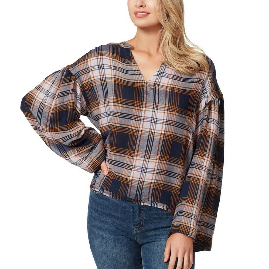 Hot Sale โ๏ธ Jessica Simpson Jenna Plaid Long Bell Sleeve V-Neck Frayed High-Low Hem Top Festive Plaid Black Iris ๐คฉ 3 Hot Sale โ๏ธ Jessica Simpson Jenna Plaid Long Bell Sleeve V-Neck Frayed High-Low Hem Top Festive Plaid Black Iris ๐คฉ
