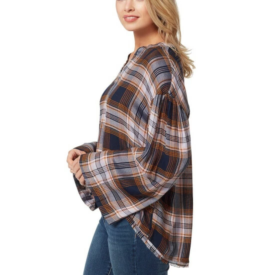 Hot Sale โ๏ธ Jessica Simpson Jenna Plaid Long Bell Sleeve V-Neck Frayed High-Low Hem Top Festive Plaid Black Iris ๐คฉ 4 Hot Sale โ๏ธ Jessica Simpson Jenna Plaid Long Bell Sleeve V-Neck Frayed High-Low Hem Top Festive Plaid Black Iris ๐คฉ - Image 2