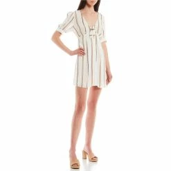 Cheapest 👍 Jessica Simpson Ember Stripe Short Sleeve Tie Front Mini 👗 Dress Moxy Stripe/garden 🎁