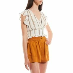 Discount 🌟 Jessica Simpson Stripe Flutter Sleeve Tie Back Top Moxy Stripe/gardenia ✔️
