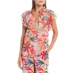 Best deal 💯 Jessica Simpson Alaina Tropical Floral Ruffle Sleeve Tie Front Top Floral Canopy Pink 🛒