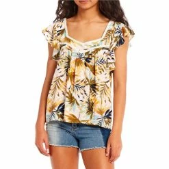 Cheapest ⌛ Jessica Simpson Laury Tropical Floral Flutter Sleeve Top Bay Breeze/chalk Pink ✨