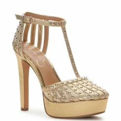 Flash Sale 🧨 Jessica Simpson Bakir Metallic Studded T-Strap Platform Pumps Gold 🌟