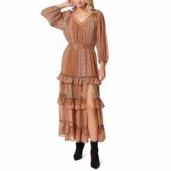Best reviews of 🤩 Jessica Simpson Kelley Mix Print Stripe Long Sleeve Ruffle Tiered Maxi 👗 Dress Dew Stripe Clay 😀