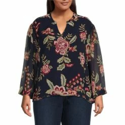 Wholesale ❤️ Jessica Simpson Plus Size Jenna Floral Print Notch Collar Long Flare Sleeve Blouse Wild Meadow/black 😀