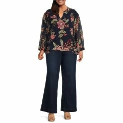 Wholesale ❤️ Jessica Simpson Plus Size Jenna Floral Print Notch Collar Long Flare Sleeve Blouse Wild Meadow/black 😀 -Jessica Simpson shop unnamed file 496