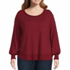 Promo 🔔 Jessica Simpson Plus Size Poppy Rib Trim Long Sleeve Scoop Neck Top Ruby Wine ⭐ -Jessica Simpson shop unnamed file 506