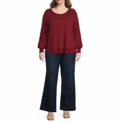 Promo 🔔 Jessica Simpson Plus Size Poppy Rib Trim Long Sleeve Scoop Neck Top Ruby Wine ⭐ -Jessica Simpson shop unnamed file 508
