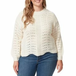 Buy 🤩 Jessica Simpson Plus Size Fayette Pointelle Crew Neck Scallop Hem Long Dropped Shoulder Sleeve Crochet Sweater Gardenia 💯
