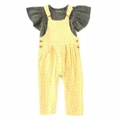 Hot Sale 👍 Jessica Simpson Baby 👧 Girls 12-24 Months Flutter-Sleeve Knit Top & Dotted Overall Set New Wheat 😍