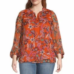 Deals 💯 Jessica Simpson Plus Size Ruby Floral Printed Boho Ruffled Tie Split V-Neck Long Blouson Sleeve Top Vibrant Bouquet ⭐