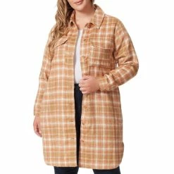Buy 💯 Jessica Simpson Plus Size Romi Plaid Print Point Collar Long Sleeve Button Front Long Shacket Brushed Plaid 👏