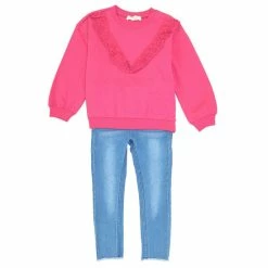 Cheap 💯 Jessica Simpson Little 👧 Girls 2T-4T Long Sleeve Eyelet Ruffle Pullover & Stretch Denim Jean 2-Piece Set Fucshia Red 🥰
