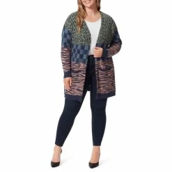 Promo 🌟 Jessica Simpson Plus Size Checked Cheetah Print Blaise Open Front Long Sleeve Jacquard Cardigan Checkered Cheetah Black Iris ⭐ -Jessica Simpson shop unnamed file 660