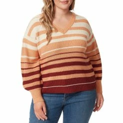 Flash Sale ✔️ Jessica Simpson Plus Size Elmira Stripe Print V-Neck Long Sleeve Pullover Sweater Sand Stone 😀